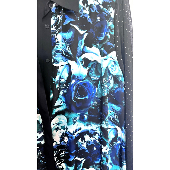 Blouse Blue Black Multi-media Semi Sheer Vibrant Artsy Event Career Party SZ 2X - Picture 3 of 9